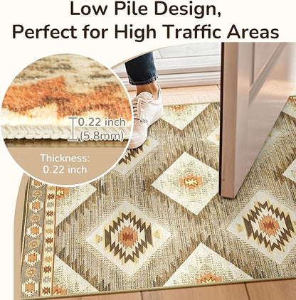 Area Rug 8x8 Rug Machine Washable Non-Slip Low Pile Print Pattern Western Rug for Living Room Bedroom Entryway Tribal Series -Cream/Camel