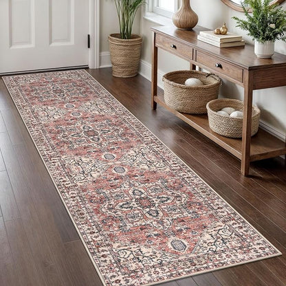 KOZYFLY Runners for Hallways 2x8 Ft Washable Kitchen Runner Rug Boho Entry Rug for Hallways Indoor Printed Faux Wool Long Floor Carpet for Entryway Bedroom Kitchen Hallway, Terracotta/Beige