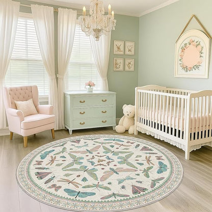 Green and Blue Insect 6ft Round Soft Rugs for Nursery, Bedroom Beside Bed - Non Skid Rug Low Pile Washable Living Room Rugs, Forest Butterfly Design Stain Resistant Home Décor