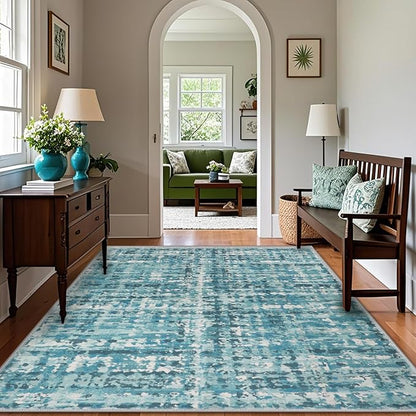 9x12 Abstract Area Rugs for Living Room, Modern Teal Blue Washable Indoor Rug for Bedroom, Thin Soft Large Non-Slip Carpet for Dining Room Home Office Farmhouse Decor