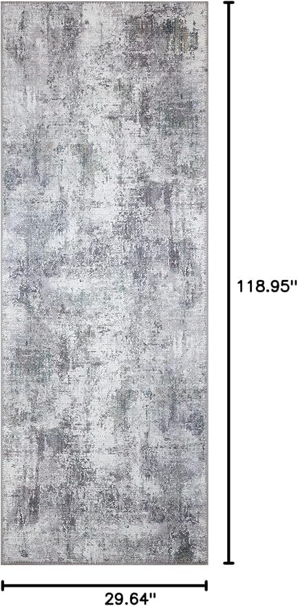 GLN Rugs Contemporary Collection - Machine Washable Area Rug, Contemporary Washable, Non Slip, Low Pile Chenille Rug, Living Room, Bedroom, Kitchen Rug (2'6" x 10' Grey/Green)