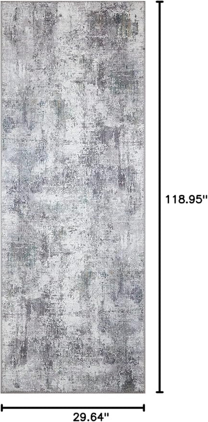 GLN Rugs Contemporary Collection - Machine Washable Area Rug, Contemporary Washable, Non Slip, Low Pile Chenille Rug, Living Room, Bedroom, Kitchen Rug (2'6" x 10' Grey/Green)