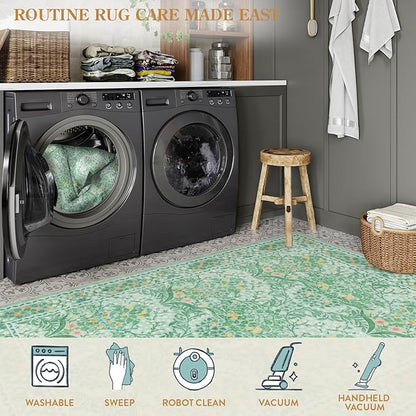Lahome Floral Washable Rugs 8x10, Soft 8x10 Area Rugs for Living Room Bedroom, Boho Non-Slip Green Forest Design Large Throw Carpet for Farmhouse Dining Room Office, Sage Green