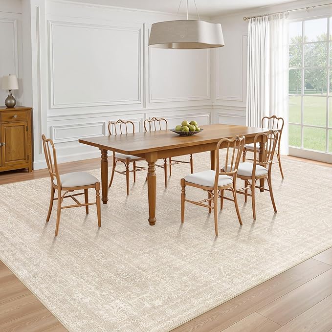 7x9 Area Rug Living Room: Washable Large Vintage Beige Rugs Neutral Non-Slip Soft Stain Resistant Indoor Carpet for Bedroom Nursery Dining Room Under Table Bed Home House Office Playroom