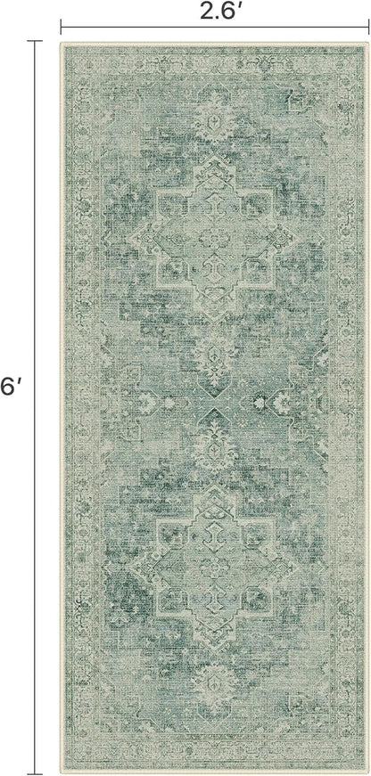 Runner Rug 2'6''x6 Non Slip Machine Washable Vintage Hallway Runner Rug, Low PileLight Weight Rugs for Entryway, Hallway, Kitchen and Corridor, Green