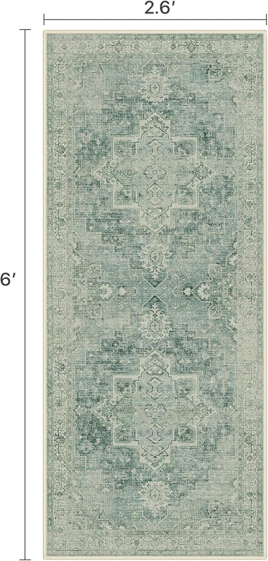 Runner Rug 2'6''x6 Non Slip Machine Washable Vintage Hallway Runner Rug, Low PileLight Weight Rugs for Entryway, Hallway, Kitchen and Corridor, Green