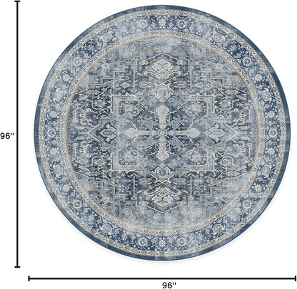 RUGGABLE Washable Area Rug – Kamran Admiral Blue 8 ft Round, Stain-Resistant, Non-Slip – Large Machine Washable Rugs for Living Room, Bedroom, Hallway, Entryway & Office–with Cushioned Pad