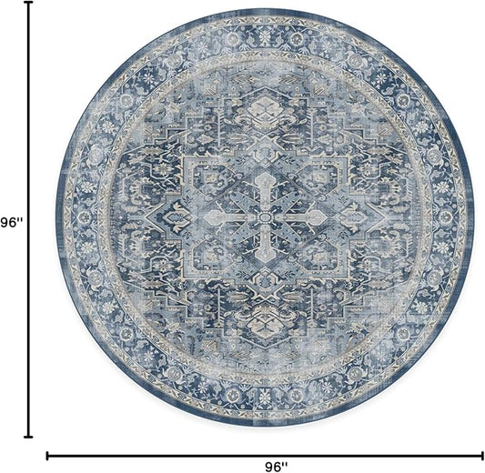 RUGGABLE Washable Vintage Area Rug – Kamran Admiral Blue 8 ft Round, Stain-Resistant, Non-Slip – Large Machine Washable Rugs for Living Room, Bedroom, Hallway, Entryway & Office–with Standard Pad