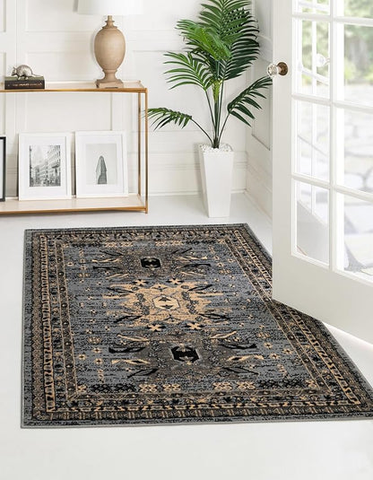 Unique Loom Taftan Collection Border Geometric Tribal Inspired Design Area Rug (8' 0 x 10' 0 Rectangular, Gray/ Black)