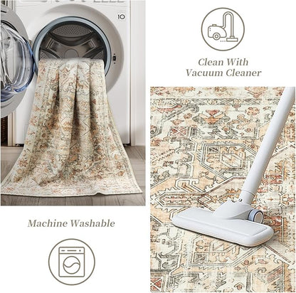 zesthome 8x10 Area Rugs - Stain Resistant Washable Rug for Living Room, Non-Slip Backing Large Area Rug with Ultra-Thin Low Pile for Bedroom, Vintage Home Decor