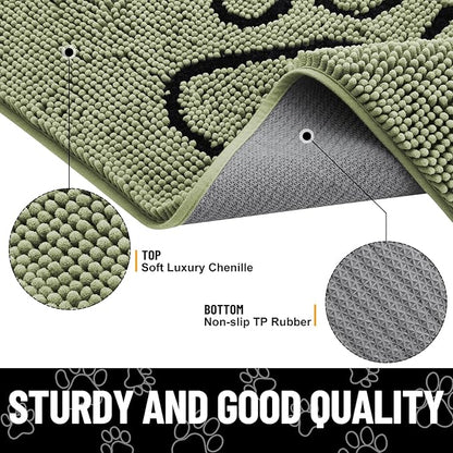 Smiry Dog Door Mat for Muddy Paws, Absorbent Dirt Trapper Non Slip Quick Dry Washable Chenille Mat for Mud Dogs, Entry Rug for Indoor and Outdoor (30x20 Inches, Sage Green and Black)