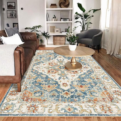 Enkor Area Soft Rugs 4x6 Washable Non Slip Boho Floor Rugs for Living Room Bedroom, Vintage Style Farmhouse Mat for Kitchen Entryway Orange & Blue