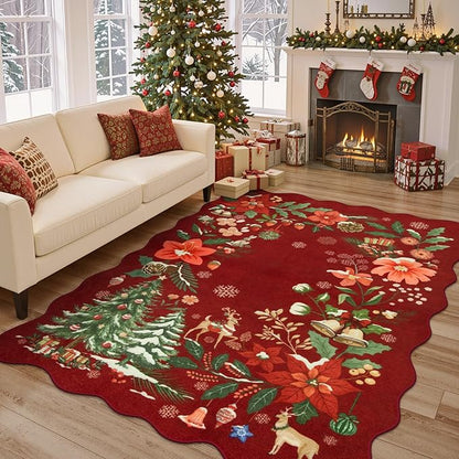 Lahome Floral Christmas Rugs for Living Room, 5x7 Christmas Area Rug for Bedroom Large Washable Carpet, Soft Stain Resistance Xmas Tree Carpets for Under Table Dining Room, Red