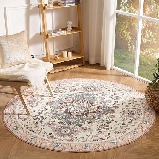 Phantoscope Washable Round Area Rug 6ft Non-Slip, Vintage Boho Rugs for Living Room, Bedroom, Dining Room, Persian Floral Medallion Pattern, Low-Pile Foldable Floor Carpet, Ivory Rose/Fall Bloom