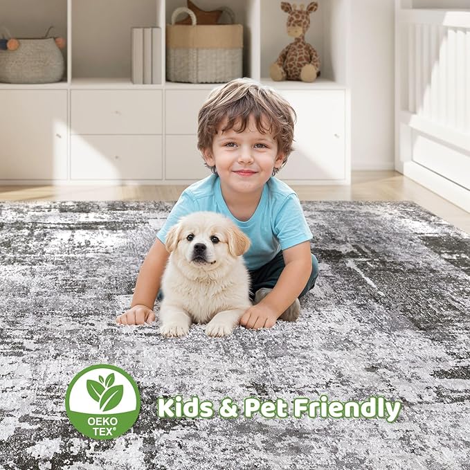 7x10 Area Rug Living Room: Washable Large Abstract Modern Soft Stain Resistant Indoor Floor Rugs Non Slip Accent Carpet for Bedroom Nursery Playroom Office Dining Room Dorm Home House- Black Grey