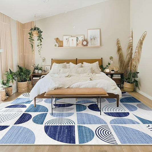 MUJOO Washable Rug 8x10 Blue,Large Area Rugs for Living Room Bedroom Dining Room,Boho Throw Floor Carpet Non Slip Soft Modern Abstract Navy Blue