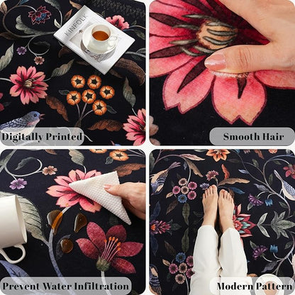 Vintage Medallion Floral 3x5 Washable Rug, Soft Low Pile Area Rug, Non-Slip Carpet for Bedside, Bedroom, Bathroom, Entryway, Kitchen, Office, Kids/Girls Room | Black