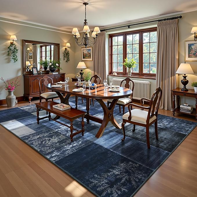 DweIke Washable Area Rugs for Living Room, 4x6 Soft Bedroom Rugs, Geometric Print Non-Slip Modern Rug, Stain Resistant Throw Carpets for Office Nursery Dining Room Home Dorm Decor, Navy Blue