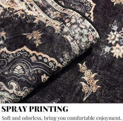 MUJOO Black Rug 2'x3',Small Washable Area Rugs for Entryway Kitchen Bathroom Bedroom,Boho Vintage Bohemian Distressed Farmhouse Non Slip Carpet, Floral
