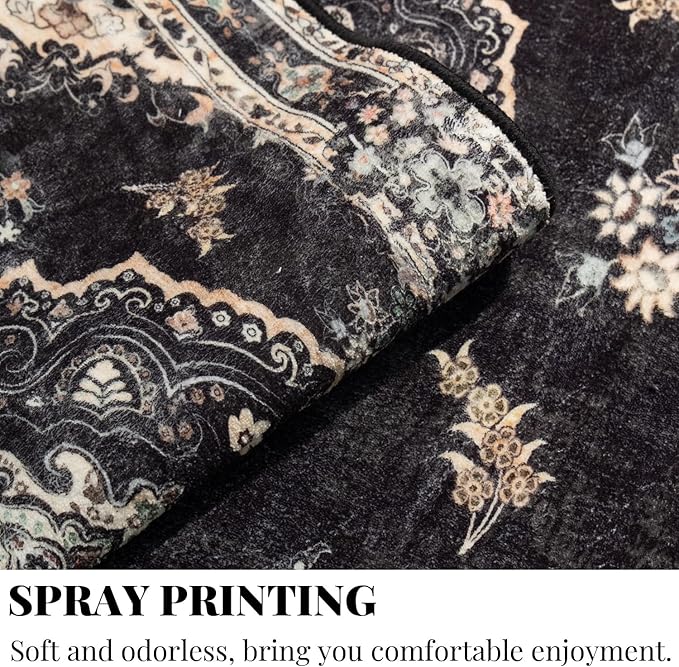 MUJOO Area Rugs 5'x7'Black,Boho Rug for Bedroom Living Room Dining Room, Large Machine Washable Non Slip Carpet Vintage Bohemian Distressed Farmhouse,Floral