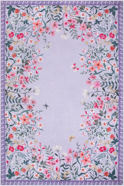 Wonnitar Washable 4x6 Rug, Purple Rugs for Girls Bedroom, Soft Non-Slip Nursery Area Rug, Floral Rug Kids Room Low Pile Throw Carpet for Dorm Decor (Purple,4'x6')