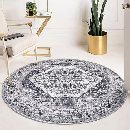 KOZYFLY Round Rug 5 Ft Rugs for Entryway Washable Circle Entrance Rug Non Slip Round Doormat Indoor Printed Faux Wool Round Front Door Mat Floor Carpet for Backdoor, Entryway, Bedroom, Grey