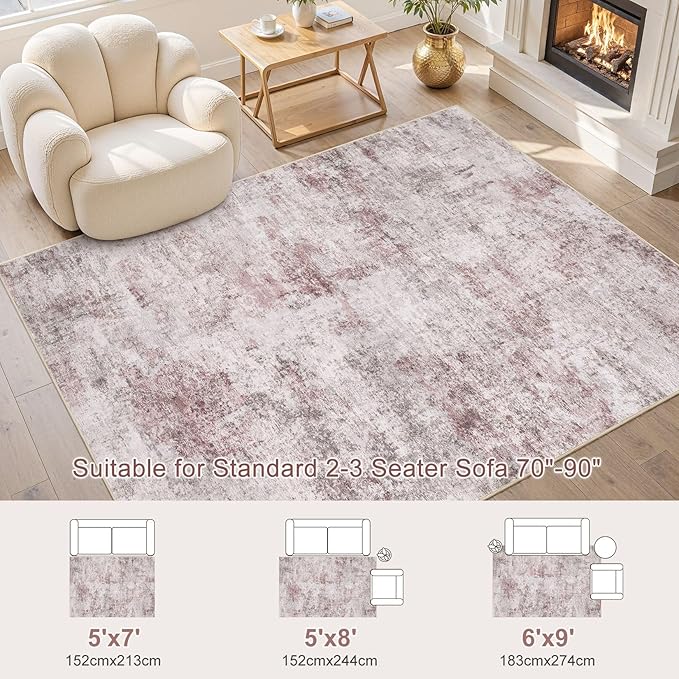 5x7 Area Living Room Rugs - Washable Neutral Modern Abstract Soft Thin Large Rug Indoor Floor No Slip Rug Carpet for Bedroom Under Dining Table Home Office Decor - Pink