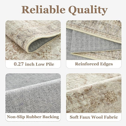 Vintage Neutral Large Area Rugs 9x12 for Living Room, Earth Tone Beige Taupe Big Room Carpet Rug for Bedroom Dining Room, Washable Rug with Rubber Backing Low Pile Thin Soft for Family Room