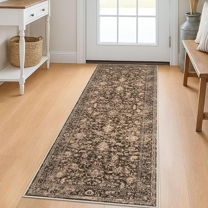 KILOCOCO Hallway Runner 2x5 Kitchen Runner Rug Printed Vintage Floral Washable Non-Slip Runners for Hallways Laundry Room Rugs Distressed Boho Rug Runners for Bedroom, Rust Brown Red