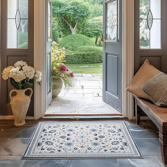 EVERGRACE Area Rugs for Entryway 2x3, Boho Floral Faux Wool Indoor Outdoor Small Rugs, Washable Rugs for Bedroom Bathroom Laundry Doormat, Low Pile Floor Mat Carpet for Home Decor, Porcelain Blue