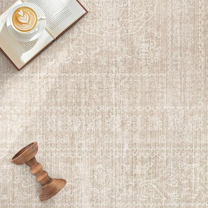 Area Rugs 9x12 Living Room: Washable Large Vintage Beige Rug Neutral Non-Slip Soft Stain Resistant Indoor Carpet for Bedroom Nursery Dining Room Under Table Bed Home House Office Playroom
