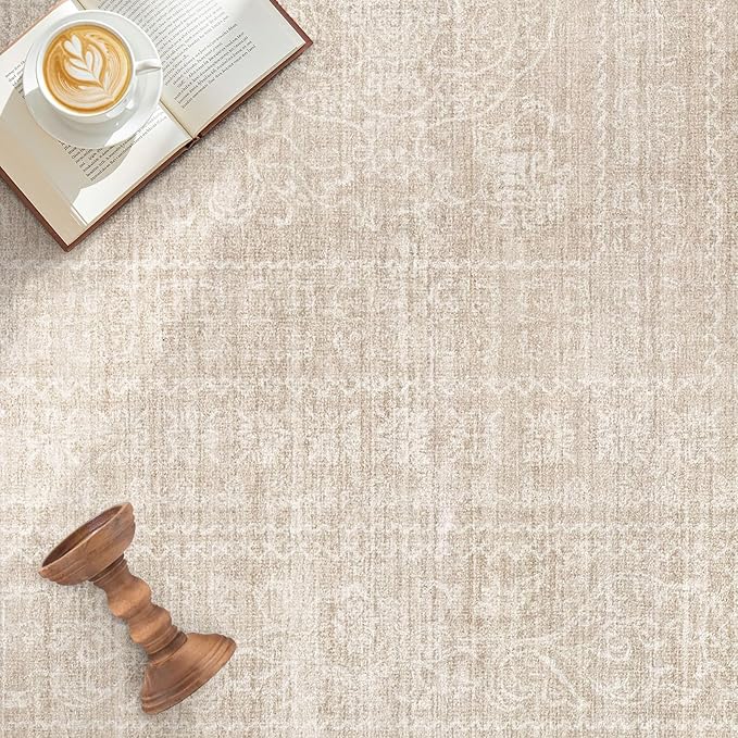 7x9 Area Rug Living Room: Washable Large Vintage Beige Rugs Neutral Non-Slip Soft Stain Resistant Indoor Carpet for Bedroom Nursery Dining Room Under Table Bed Home House Office Playroom