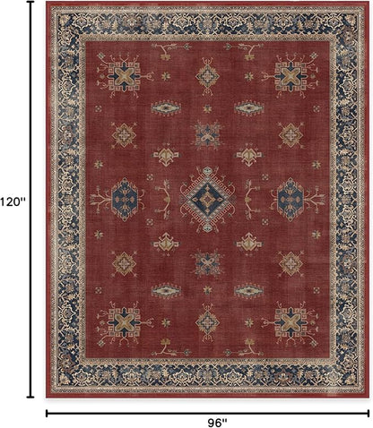 RUGGABLE Washable Vintage Area Rug – Verena Amber Red 8x10, Stain-Resistant, Non-Slip – Large Machine Washable Rugs for Living Room, Bedroom, Hallway, Entryway & Office–with Cushioned Pad