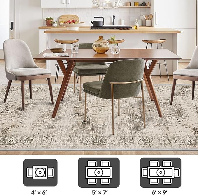 Washable Area Rugs for Living Room 6’x9’ Non Slip Low Pile Area Rugs for Bedroom Dining Foldable Vintage Carpets