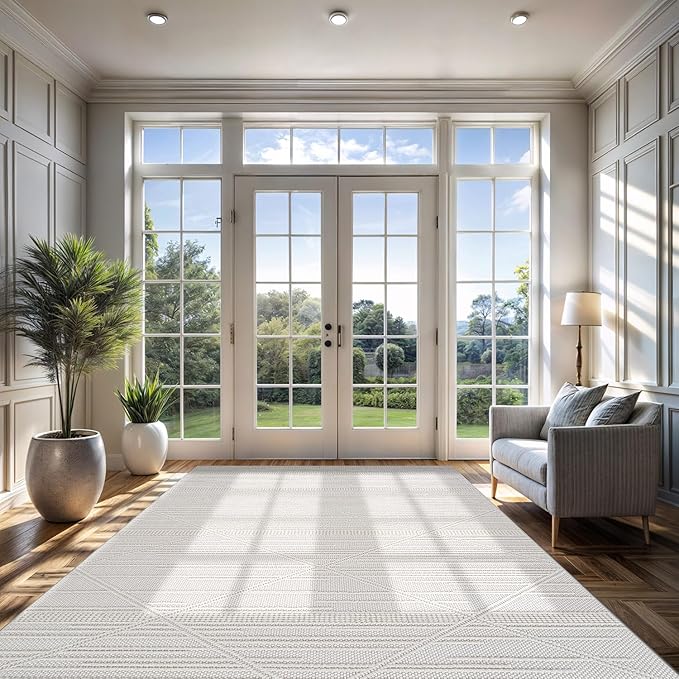 CAMILSON Micro Loop Rug 9x12 Modern Luxury Geometric Arch Large Area Rugs Soft High and Low Pile Stain Resistant Easy-Cleaning Non-Shedding for Living Room Office Indoor Carpet (9 x 12 / White)