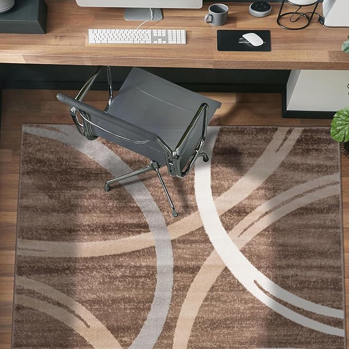 Rugshop Modern Wavy Circles Design Area Rug, Carpet with Jute Backing for Bedroom, Office, or Entryway, Brown, 4' x 6'