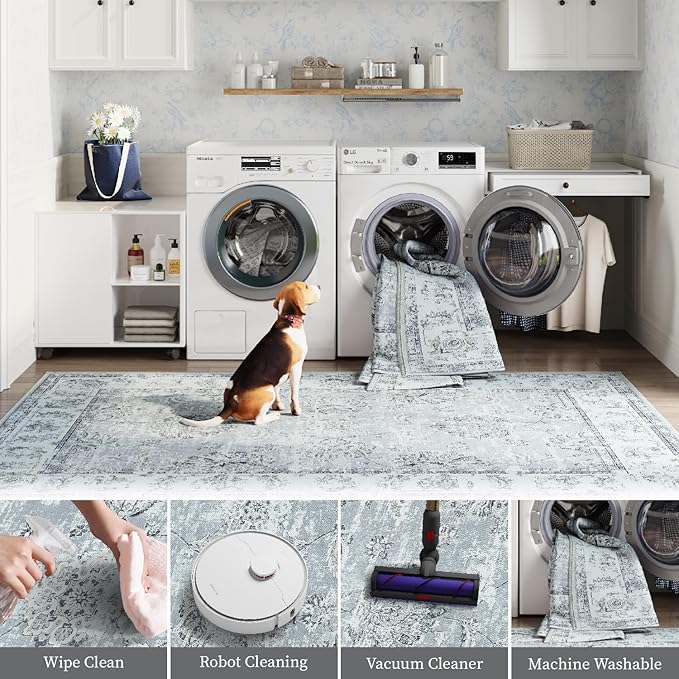 jinchan Fiora Washable Area Rug 3x5 Entryway Rug - Distressed Vintage Floral Ultra-Thin Low-Pile Soft Non-Shedding Indoor Floor Carpet for Kitchen Bedroom Entrance Laundry Living Room(3x5ft, Grey)