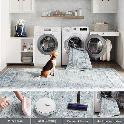 jinchan Fiora Hallway Runner Rug 3x8 Washable Runner - Vintage Floral Non Slip Low-Pile Soft Thin Faux Wool Kitchen Rug Distressed Carpet for Farmhouse Bedroom Laundry Room(3x8ft, Grey)