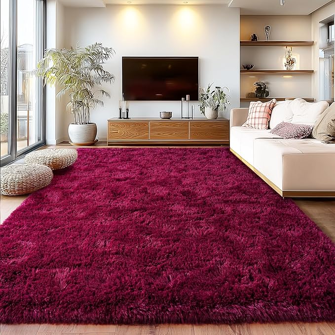 Burgundy Plush Rug for Living Room Fuzzy Carpet for Bedroom Dorm, Non-Slip High Pile Rug, Shag Rug for Playroom Nursery Home Office Decor 4X6 Ft