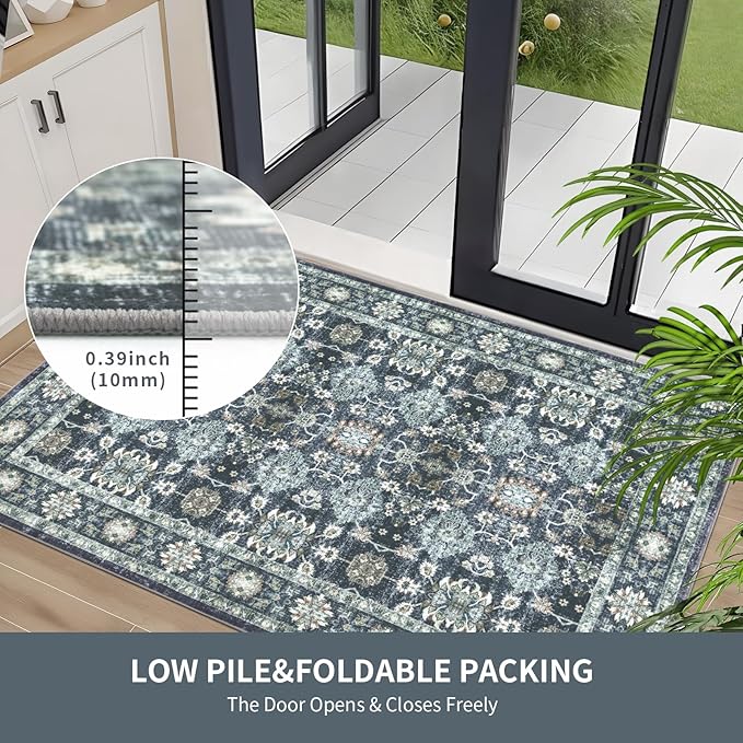 Washable 6×9 Area Rug for Living Room, Vintage Floral Rug Soft Non Slip Stain Resistant Boho Carpet for Indoor Bedroom Dinning Room Home Office Blue/Navy