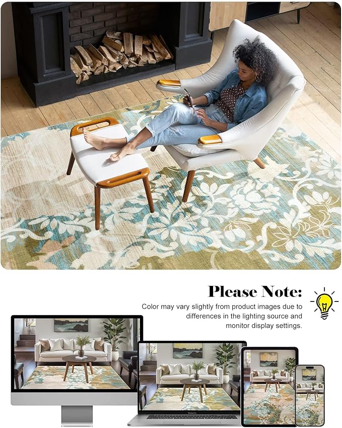 Washable Abstract Rug, 6x9 Willow Green and Blue Floral Area Rugs with Non-Slip Rubber Backed for Living Room, Low Pile Modern Throw Carpet Bedroom Dining Room Decor
