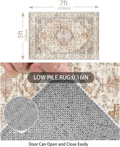 Enkor Area Soft Rugs 5x7 Washable Non Slip Boho Floor Rugs for Living Room Bedroom, Vintage Style Farmhouse Mat for Kitchen Entryway Beige & Brown