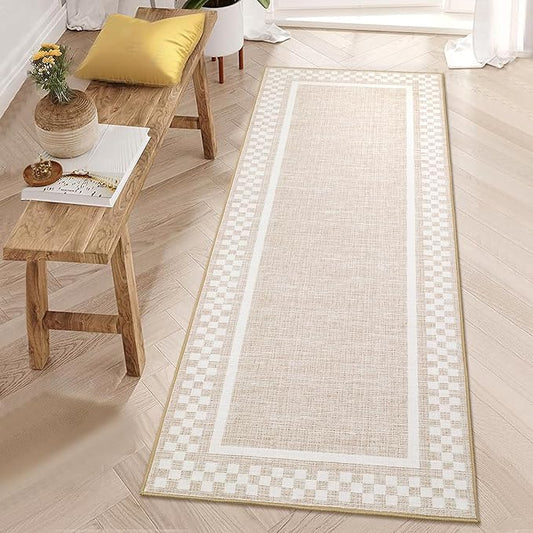 Rug Runners for Hallways 2x8 Washable Kitchen Runner Rug Non Slip Low Pile Bedside Throw Carpet Modern Bordered Bathroom Runners Checkered Area Rug for Living Room Bedroom Entryway Nursery, Beige
