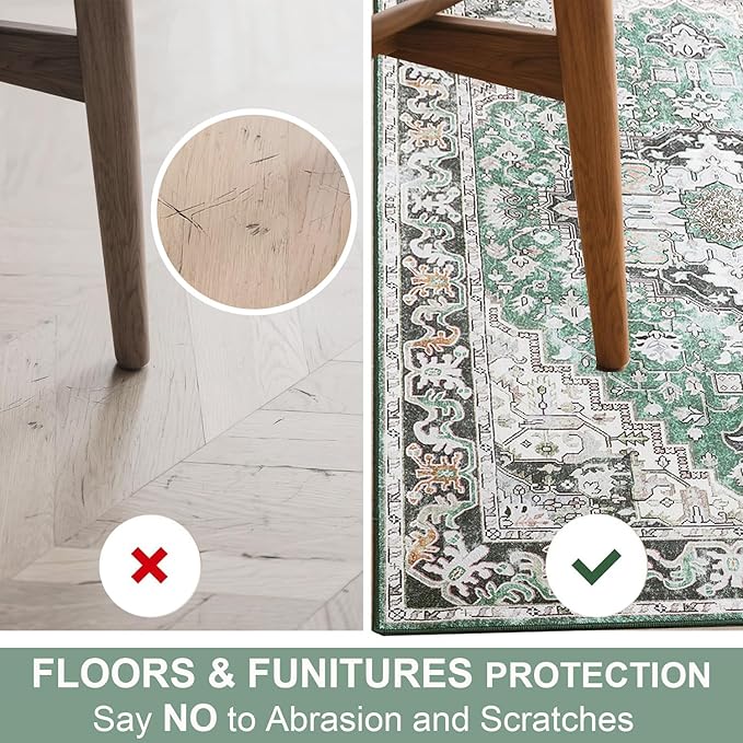 Washable Area Rugs 3x5 , Low Pile Super Soft Carpet, Vitnage Distressed Rug for Bedroom, Living Room, Dining Room, Non-Slip, Low Pile, Green