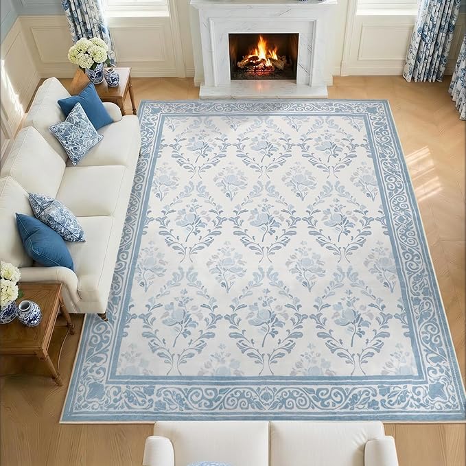 SOULFUL Medium Pile 8x10 Rugs for Living Room - Soft Underfoot Large Area Rug - Mist Blue Boho Floral - Washable Non-Slip - Perfect for Bedroom Kids Room Under Dining Table Office