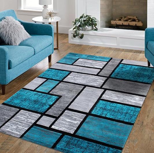 Luna 3995 Geometric Area Rug - Modern Abstract Design, Soft Living Room Carpet - Turquoise & Gray, [Size]