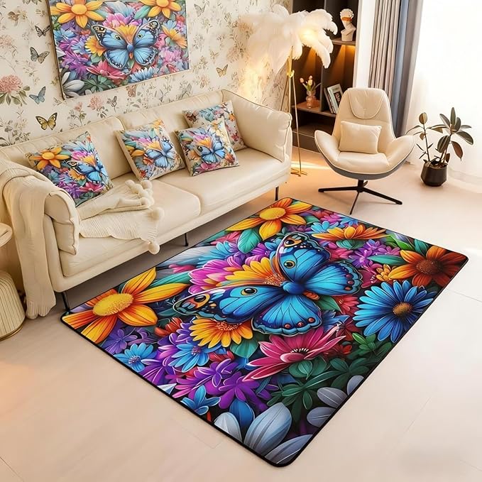 Colorful Butterfly 3x5 Area Rug Rainbow Flowers Rugs for Living Room | Rustic Butterflies Washable Rug, Watercolor Beetles Aesthetic Animal Carpet Indoor Floor Mat