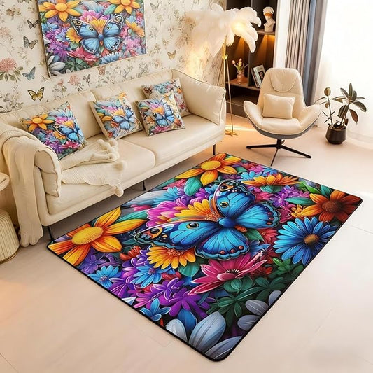 Colorful Butterfly 3x5 Area Rug Rainbow Flowers Rugs for Living Room | Rustic Butterflies Washable Rug, Watercolor Beetles Aesthetic Animal Carpet Indoor Floor Mat