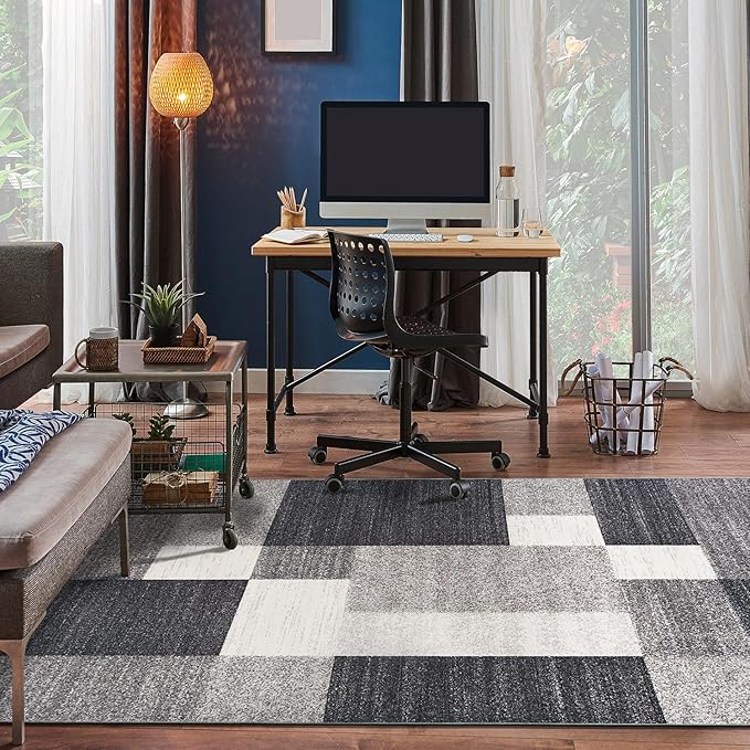 Rugshop Gray Modern Geometric Boxes Non-Slip Area Rug Non-Shedding for Dining Room, Bedroom and Living Room, 4' x 6'