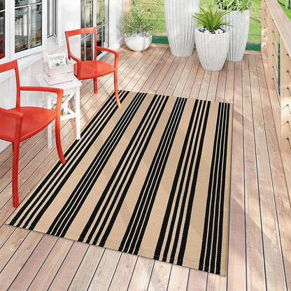Black and Khaki Striped Outdoor Rug 4x6 ft, Washable Cotton Woven Patio Rug, Reversible Foldable Front Porch Decor Indoor Outdoor Rugs for Farmhouse/Living Room